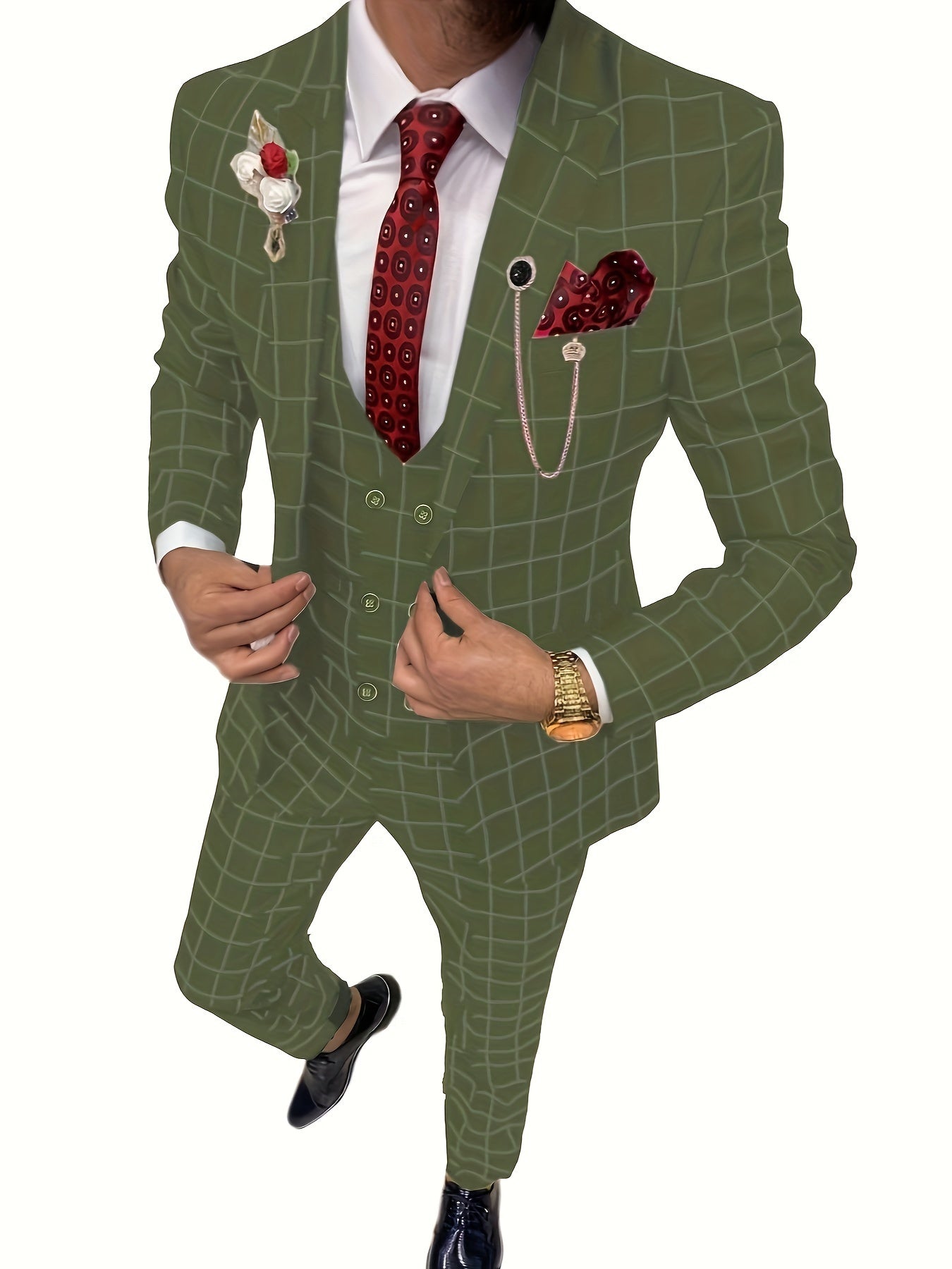 Riolio Mens Suit Plaid Tuxedos Business Suits Slim Fit Double Breasted