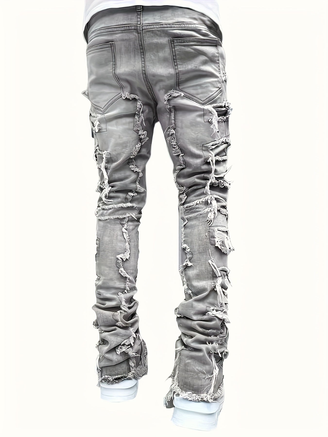 Riolio Men's Y2K Stacked Straight Leg Jeans - Distressed Ripped Details, Loose Fit Hip Hop Streetwear Denim Pants, Solid Color All-Season Casual Outfits, Streetstyle Clothing, Layered Denim Look, Durable Denim Fabric