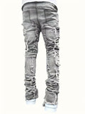Riolio Men's Y2K Stacked Straight Leg Jeans - Distressed Ripped Details, Loose Fit Hip Hop Streetwear Denim Pants, Solid Color All-Season Casual Outfits, Streetstyle Clothing, Layered Denim Look, Durable Denim Fabric