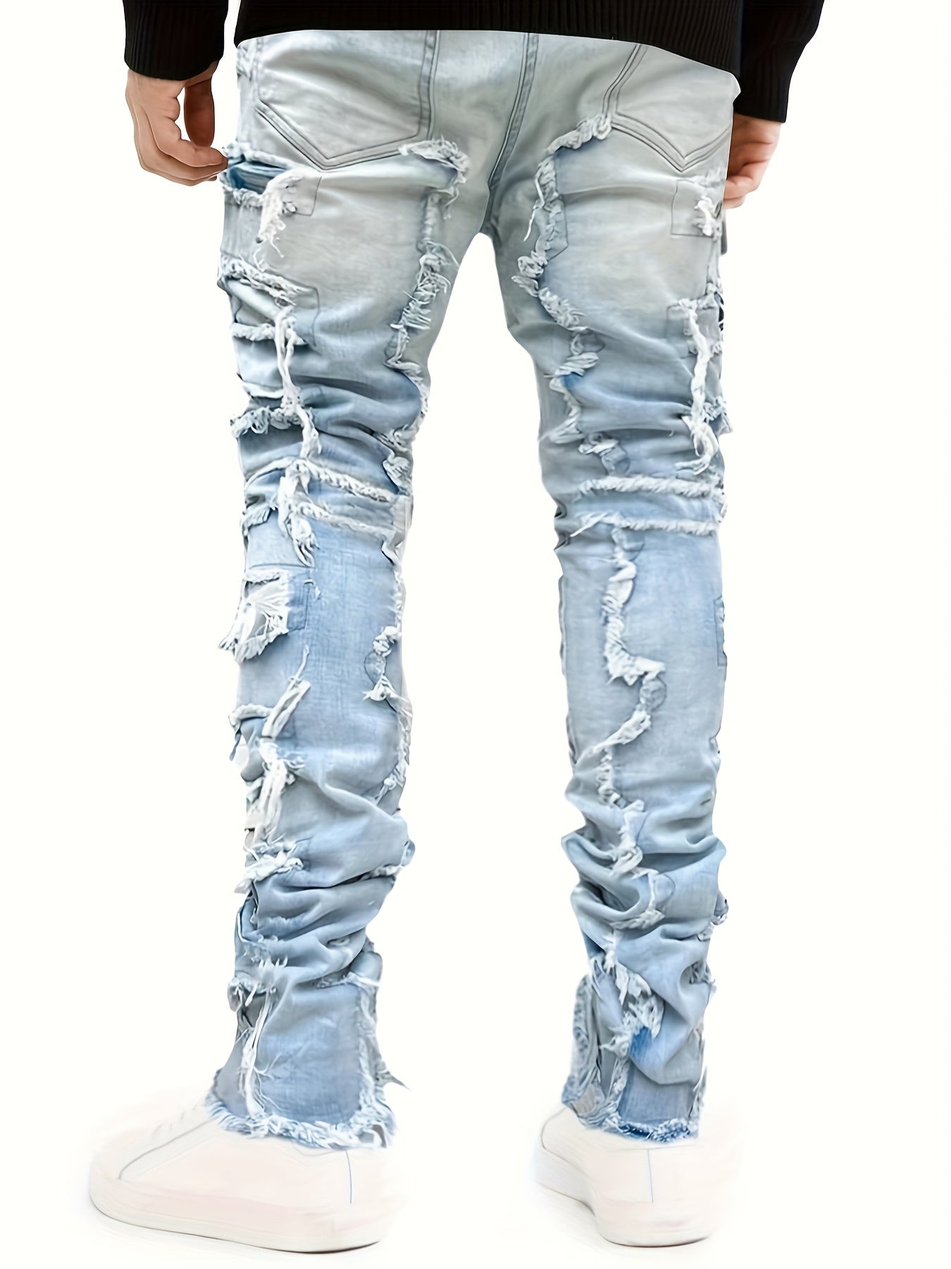 Riolio Men's Y2K Stacked Straight Leg Jeans - Distressed Ripped Details, Loose Fit Hip Hop Streetwear Denim Pants, Solid Color All-Season Casual Outfits, Streetstyle Clothing, Layered Denim Look, Durable Denim Fabric