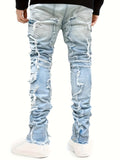 Riolio Men's Y2K Stacked Straight Leg Jeans - Distressed Ripped Details, Loose Fit Hip Hop Streetwear Denim Pants, Solid Color All-Season Casual Outfits, Streetstyle Clothing, Layered Denim Look, Durable Denim Fabric