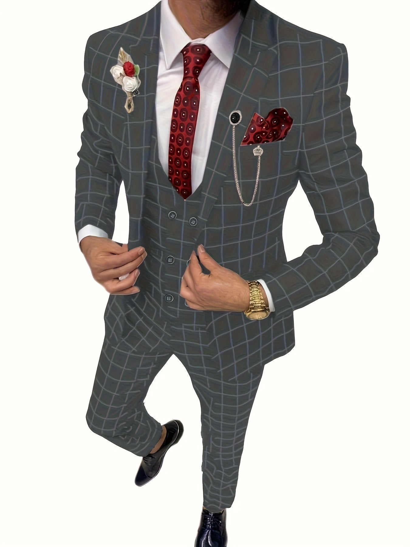 Riolio Mens Suit Plaid Tuxedos Business Suits Slim Fit Double Breasted