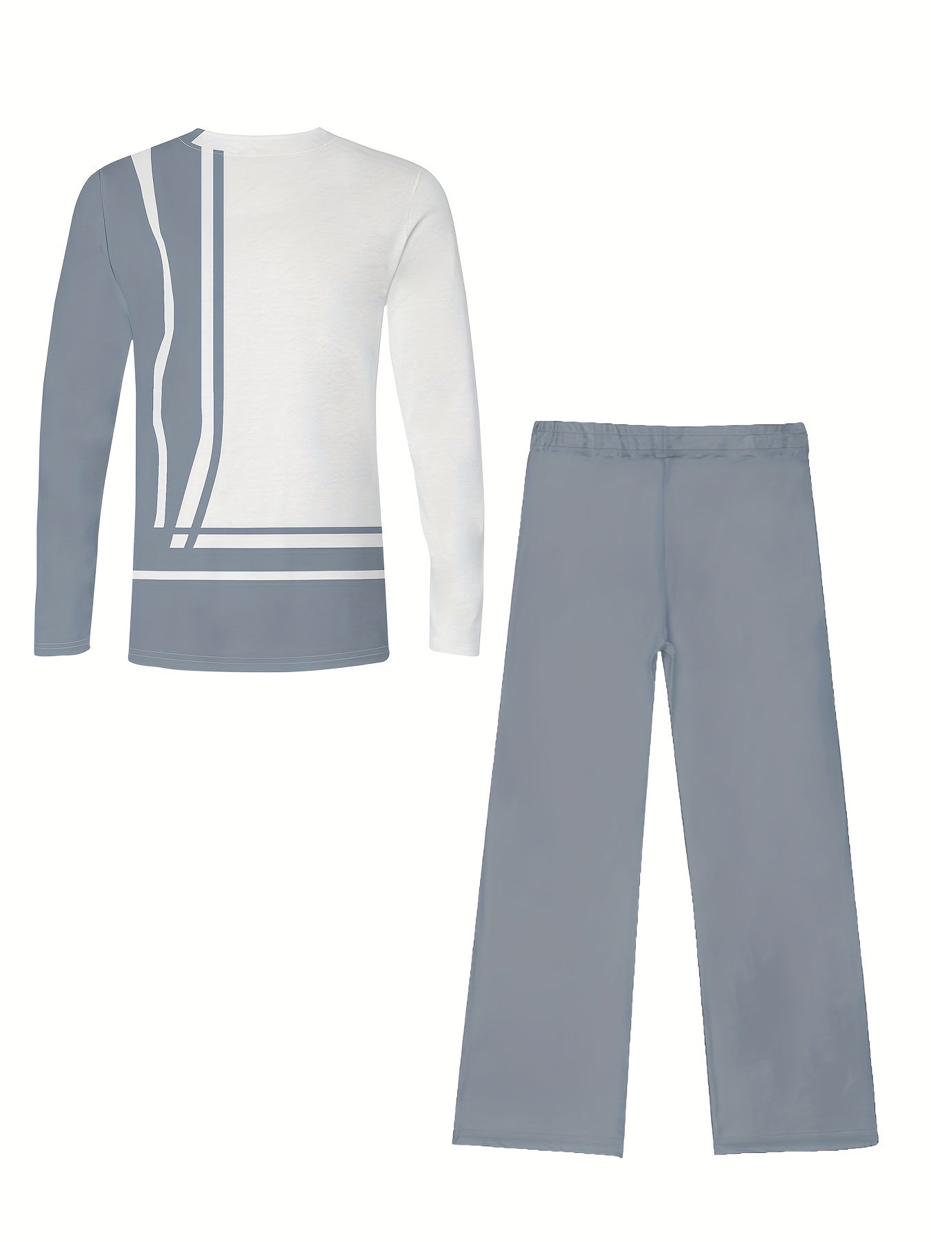 Riolio Men's Fashion Long-sleeved Trouser Suit, Classic Simple White and Gray Two-color Stitching Print Graphic Print Design, Men's Breathable Skin-friendly Long-sleeved Trouser Suit