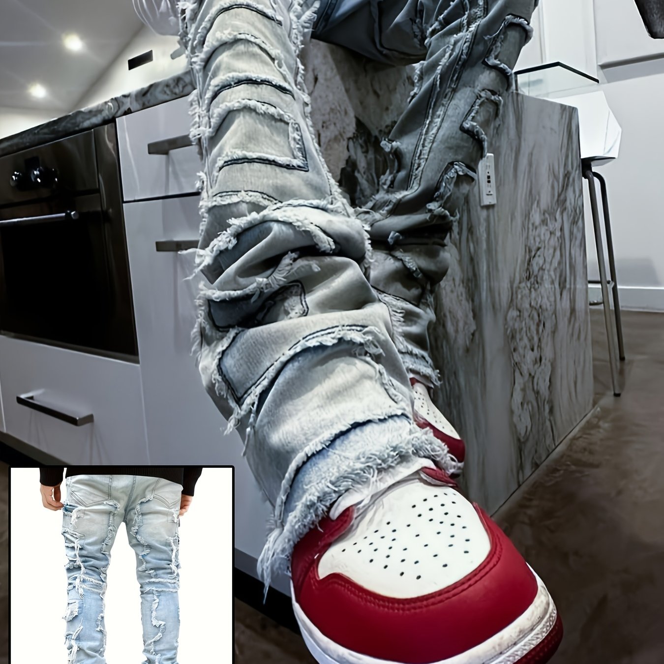 Riolio Men's Y2K Stacked Straight Leg Jeans - Distressed Ripped Details, Loose Fit Hip Hop Streetwear Denim Pants, Solid Color All-Season Casual Outfits, Streetstyle Clothing, Layered Denim Look, Durable Denim Fabric