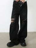 Riolio Men's Black Ripped Jeans - Distressed Denim, Loose Fit, Cotton Blend, Casual Streetwear for Skateboarding & Parties