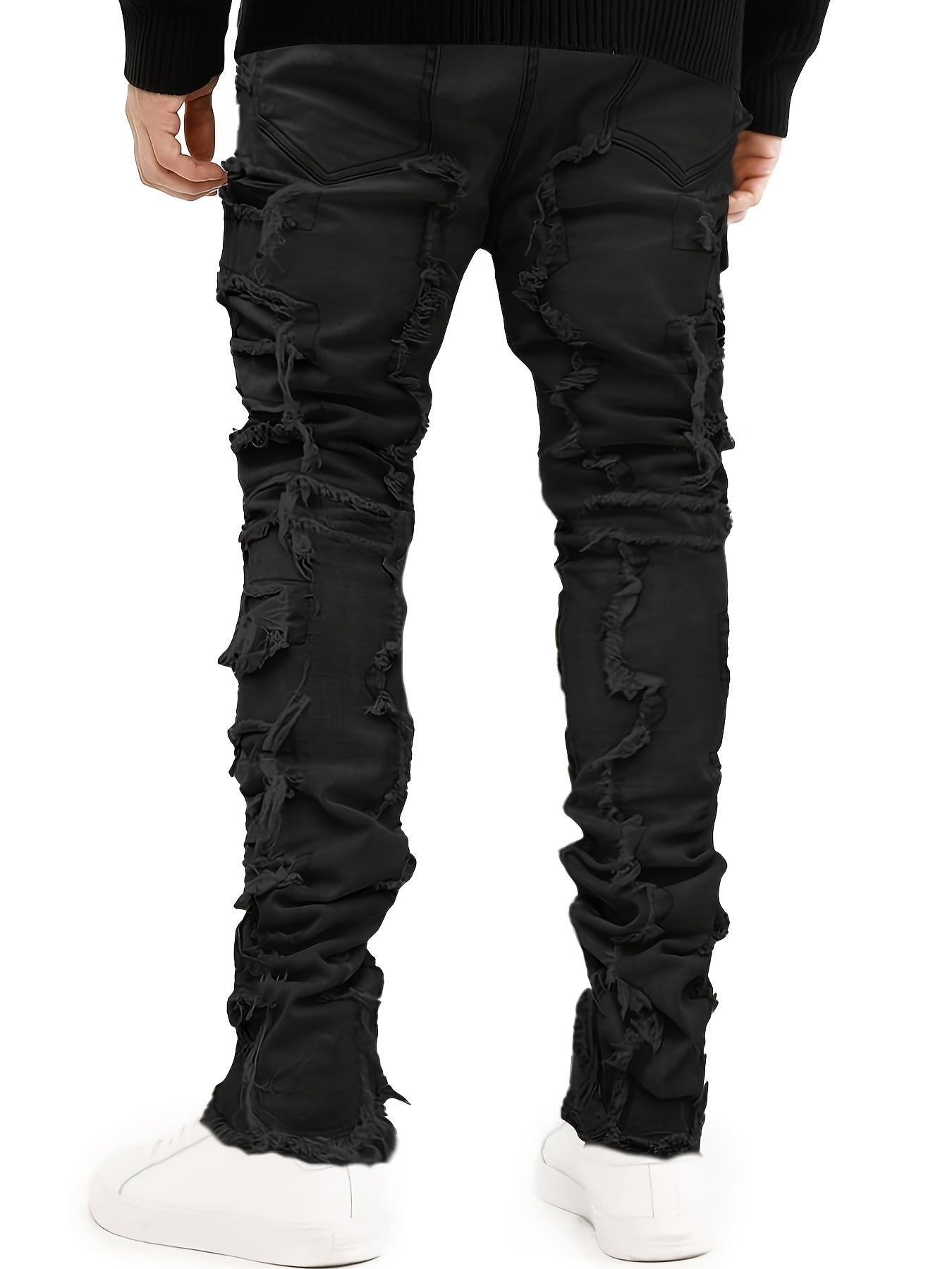 Riolio Men's Y2K Stacked Straight Leg Jeans - Distressed Ripped Details, Loose Fit Hip Hop Streetwear Denim Pants, Solid Color All-Season Casual Outfits, Streetstyle Clothing, Layered Denim Look, Durable Denim Fabric