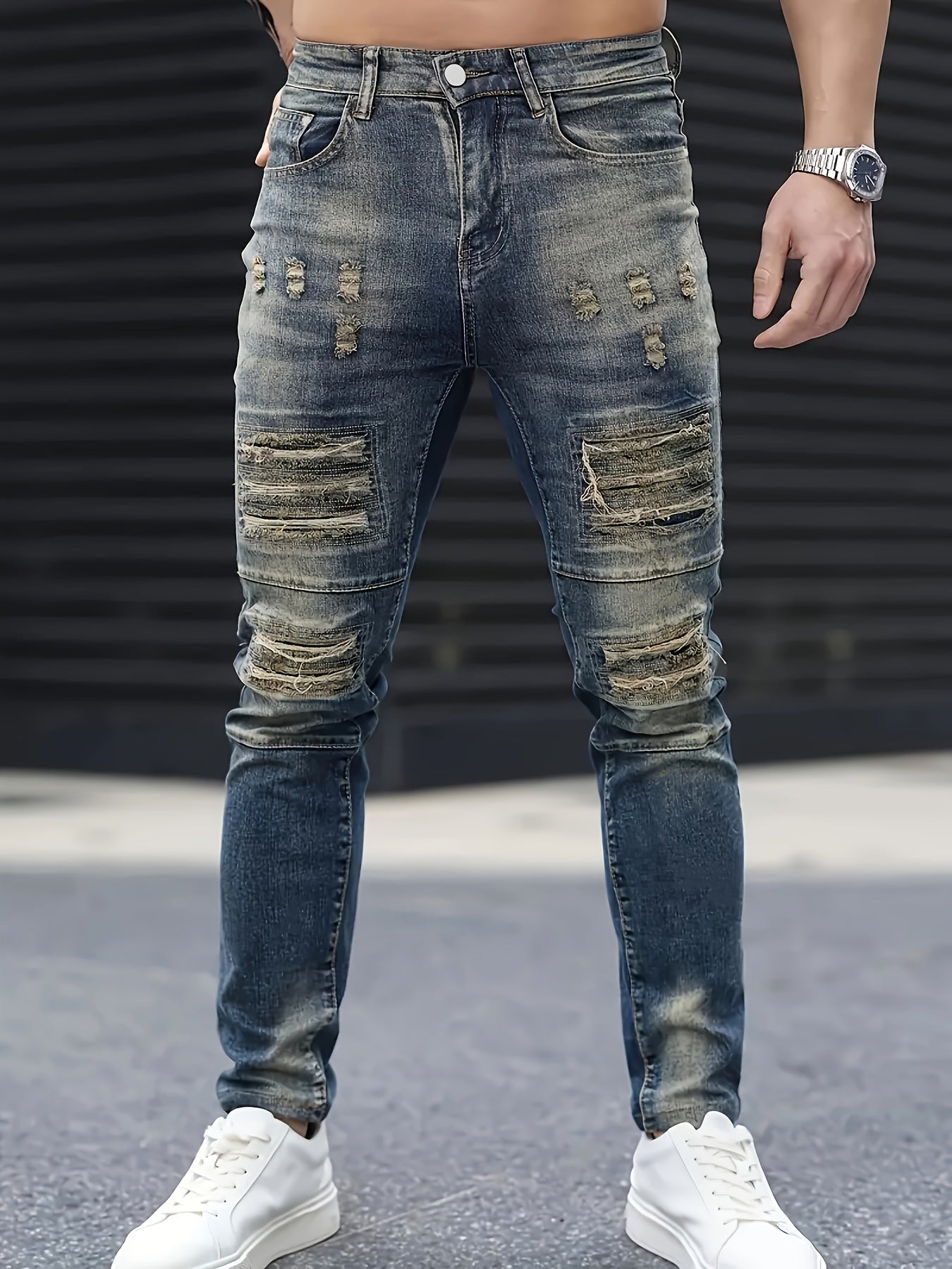 Riolio Men's Jeans, Stretch Denim Feet, Ripped, Craftsmanship, Slim, Dark Blue, Worn Men's Pants, Suitable for All Seasons