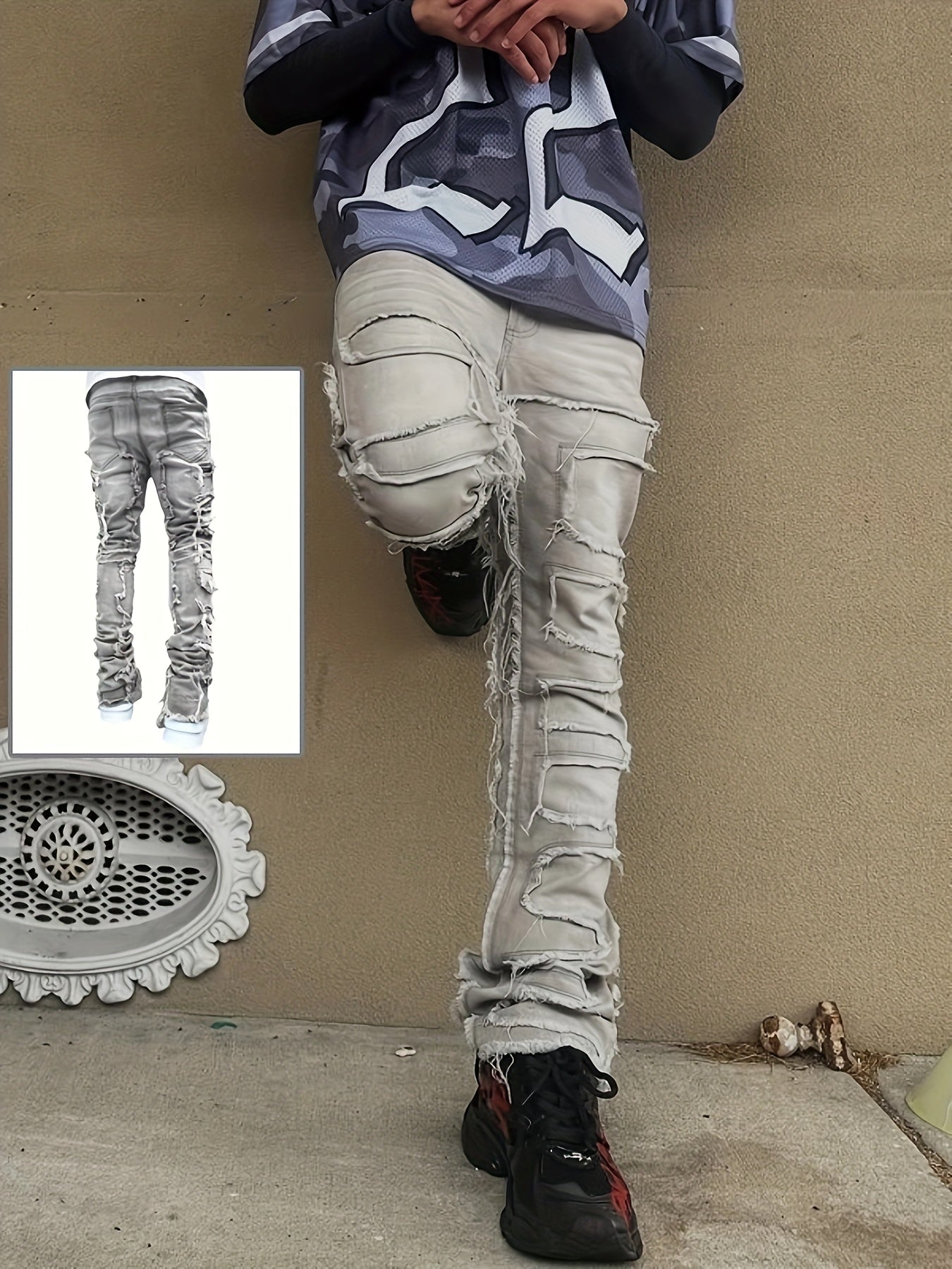 Riolio Men's Y2K Stacked Straight Leg Jeans - Distressed Ripped Details, Loose Fit Hip Hop Streetwear Denim Pants, Solid Color All-Season Casual Outfits, Streetstyle Clothing, Layered Denim Look, Durable Denim Fabric