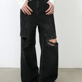 Riolio Men's Black Ripped Jeans - Distressed Denim, Loose Fit, Cotton Blend, Casual Streetwear for Skateboarding & Parties