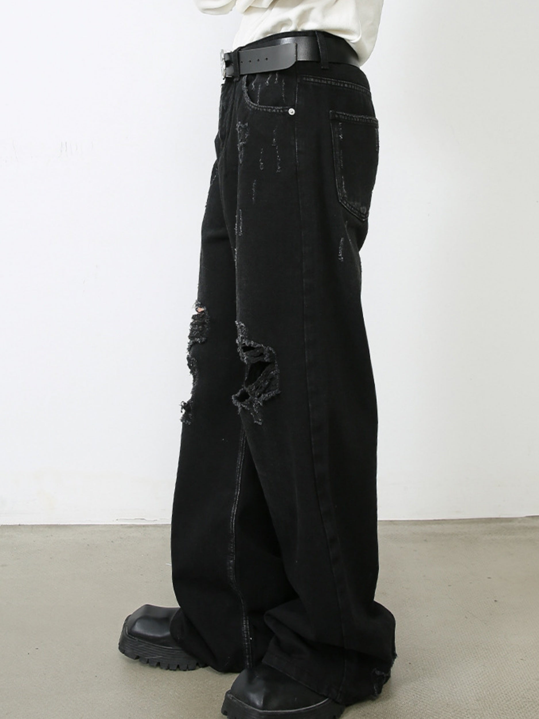 Riolio Men's Black Ripped Jeans - Distressed Denim, Loose Fit, Cotton Blend, Casual Streetwear for Skateboarding & Parties