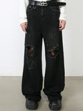 Riolio Men's Black Ripped Jeans - Distressed Denim, Loose Fit, Cotton Blend, Casual Streetwear for Skateboarding & Parties