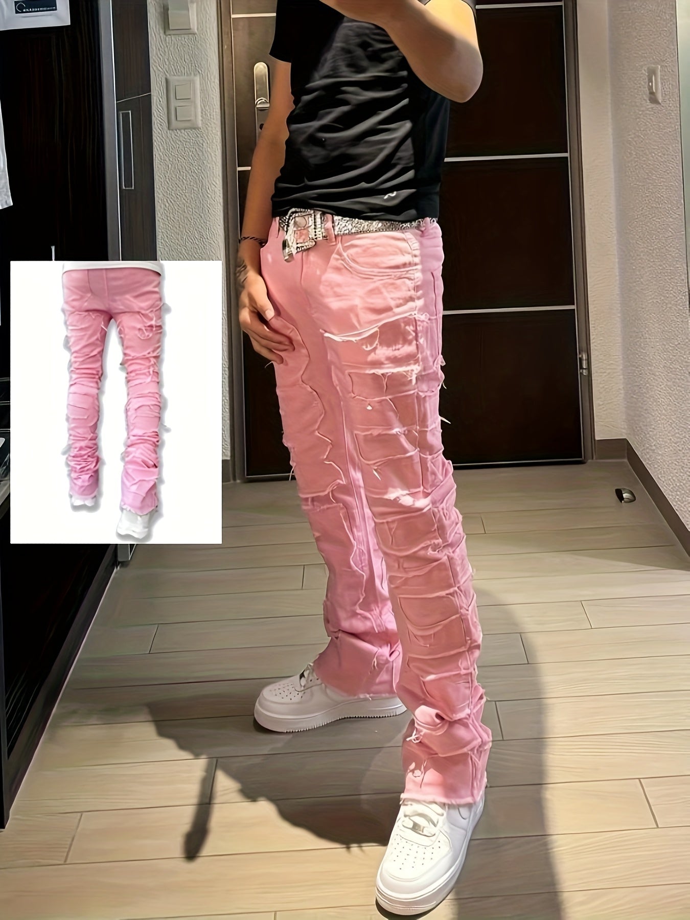 Riolio Men's Y2K Stacked Straight Leg Jeans - Distressed Ripped Details, Loose Fit Hip Hop Streetwear Denim Pants, Solid Color All-Season Casual Outfits, Streetstyle Clothing, Layered Denim Look, Durable Denim Fabric