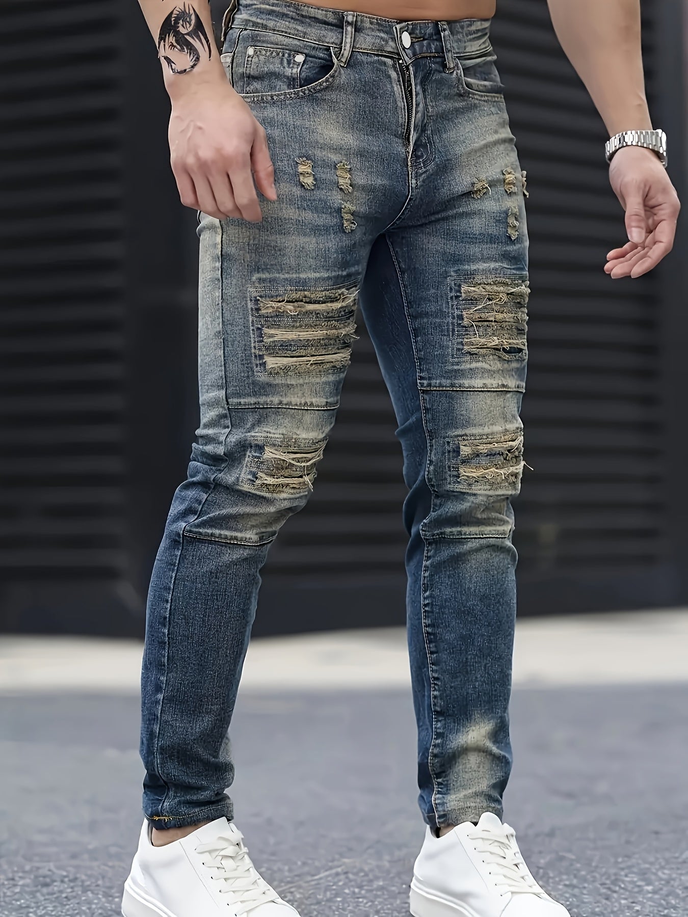 Riolio Men's Jeans, Stretch Denim Feet, Ripped, Craftsmanship, Slim, Dark Blue, Worn Men's Pants, Suitable for All Seasons