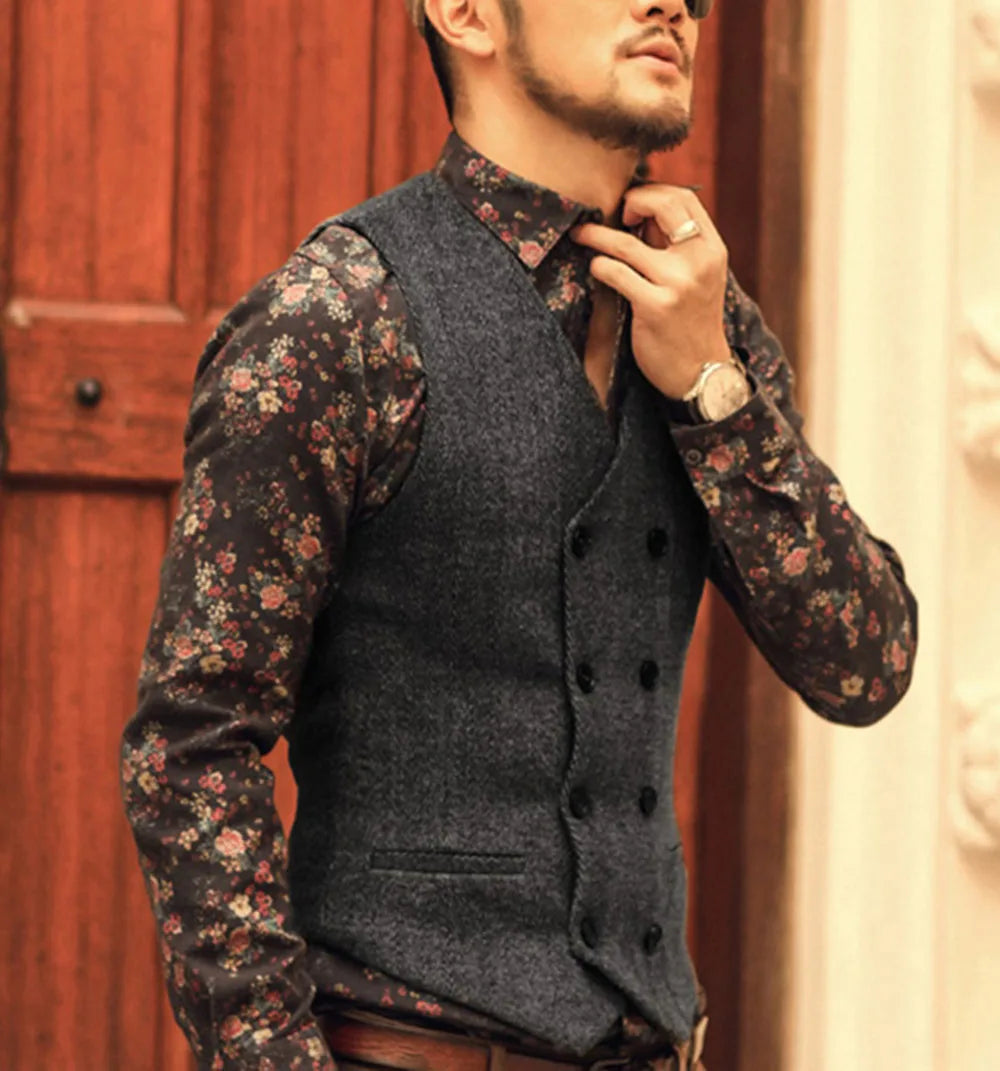 Riolio fashion suits for men Casual Men's Brown Waiter Vest Jacket Slim Fit Prom Double Breasted Blazer Champagne Suits Waistcoat For Wedding Best Man Grooms