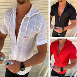 Riolio Summer Beach Mens Hooded Short Sleeve Shirts With Zipper Casual Homme Slim Fit T Shirts For Man Streetwear Solid Color Blouse