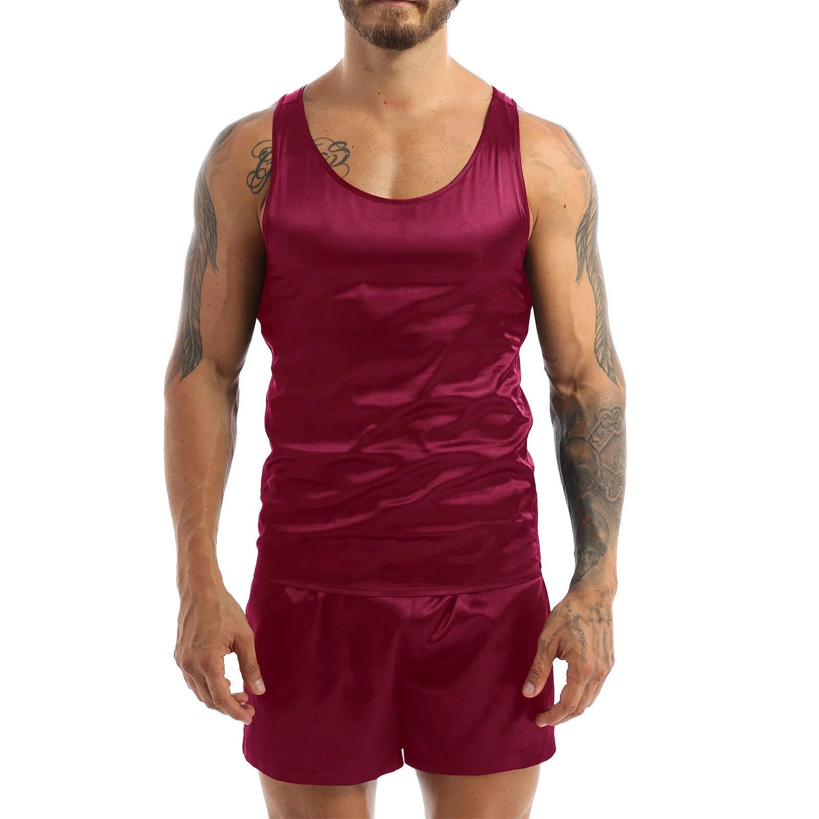 Riolio Men Satin Pajamas Pyjamas Set Sleepwear Pijama Summer Homewear Sleeveless Tops Shorts Suit Two Piece Set Men Sleepwear