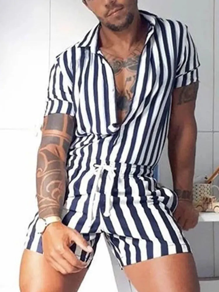 Riolio Men's Striped Romper Shorts Fashion Casual Playsuit Short Sleeve Button-down Shorts Lapel Jumpsuit Drawstring Streetwear S-3XL
