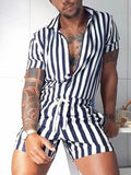 Riolio Men's Striped Romper Shorts Fashion Casual Playsuit Short Sleeve Button-down Shorts Lapel Jumpsuit Drawstring Streetwear S-3XL