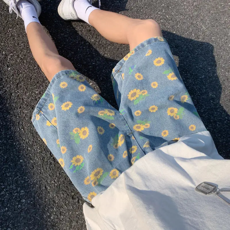 Riolio Summer Cotton Denim Shorts Men's Fashion Casual Flowers Denim Shorts Men Streetwear Korean Loose Drawstring Denim Shorts Mens
