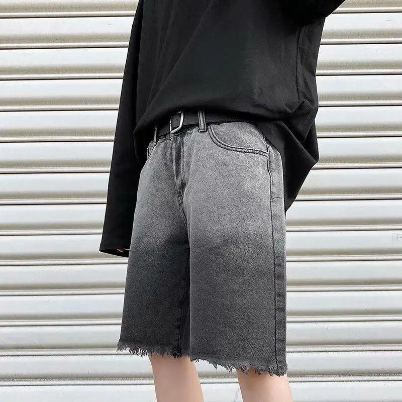 Riolio Summer Denim Shorts Men Fashion Retro Gradient Denim Shorts Mens Streetwear Korean Loose Hip-hop Straight Jeans Shorts Men