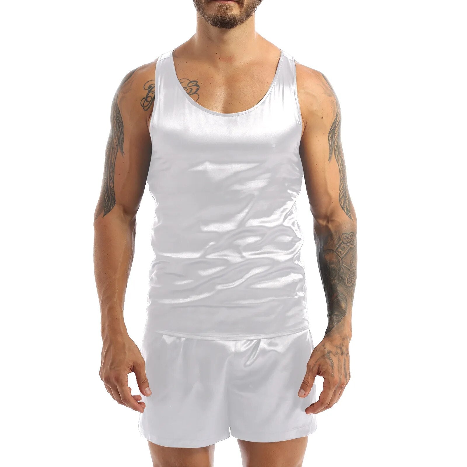 Riolio Men Satin Pajamas Pyjamas Set Sleepwear Pijama Summer Homewear Sleeveless Tops Shorts Suit Two Piece Set Men Sleepwear