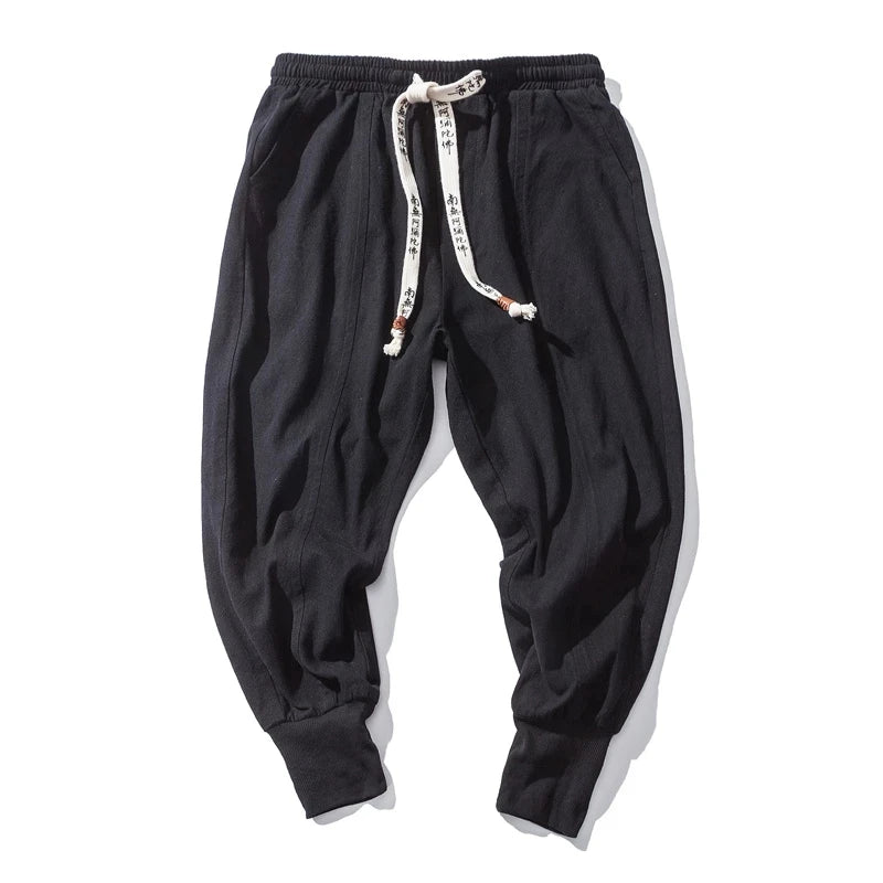 Riolio Cotton Linen Harem Pants Men Solid Elastic Waist Streetwear Joggers New Baggy Drop-crotch Pants Casual Trousers Men