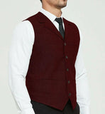 Riolio Men's Grey Herringbone Wool Tweed Slim Fit Leisure Cotton Suit Burgundy Vest Gentleman Business Waistcoat For Wedding