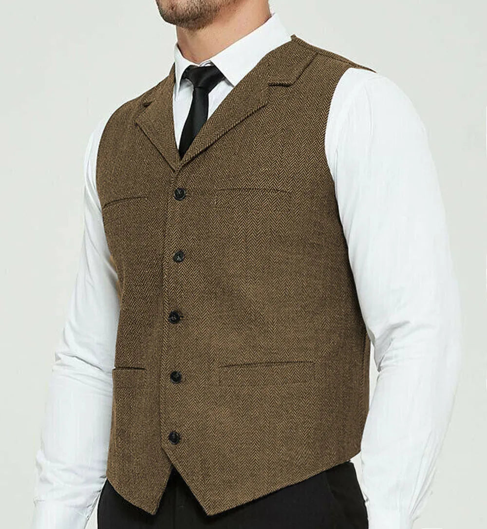 Riolio Men's Grey Herringbone Wool Tweed Slim Fit Leisure Cotton Suit Burgundy Vest Gentleman Business Waistcoat For Wedding