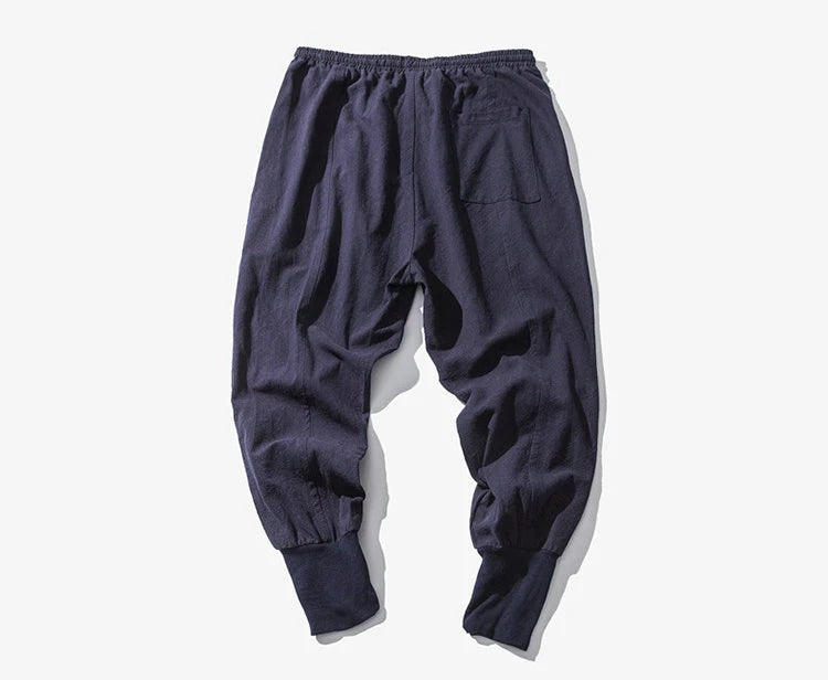 Riolio Cotton Linen Harem Pants Men Solid Elastic Waist Streetwear Joggers New Baggy Drop-crotch Pants Casual Trousers Men
