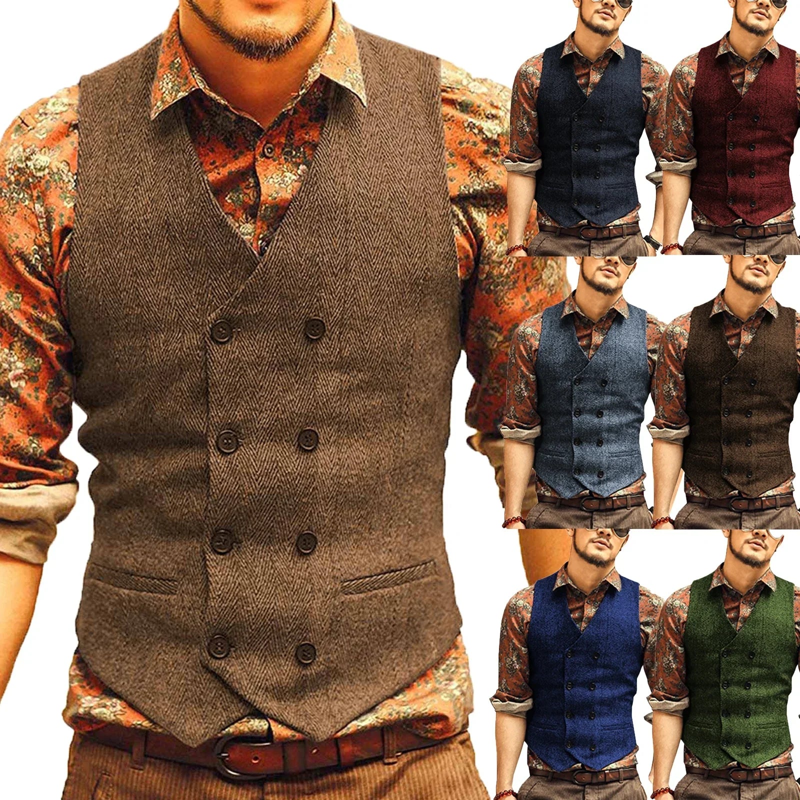 Riolio fashion suits for men Casual Men's Brown Waiter Vest Jacket Slim Fit Prom Double Breasted Blazer Champagne Suits Waistcoat For Wedding Best Man Grooms