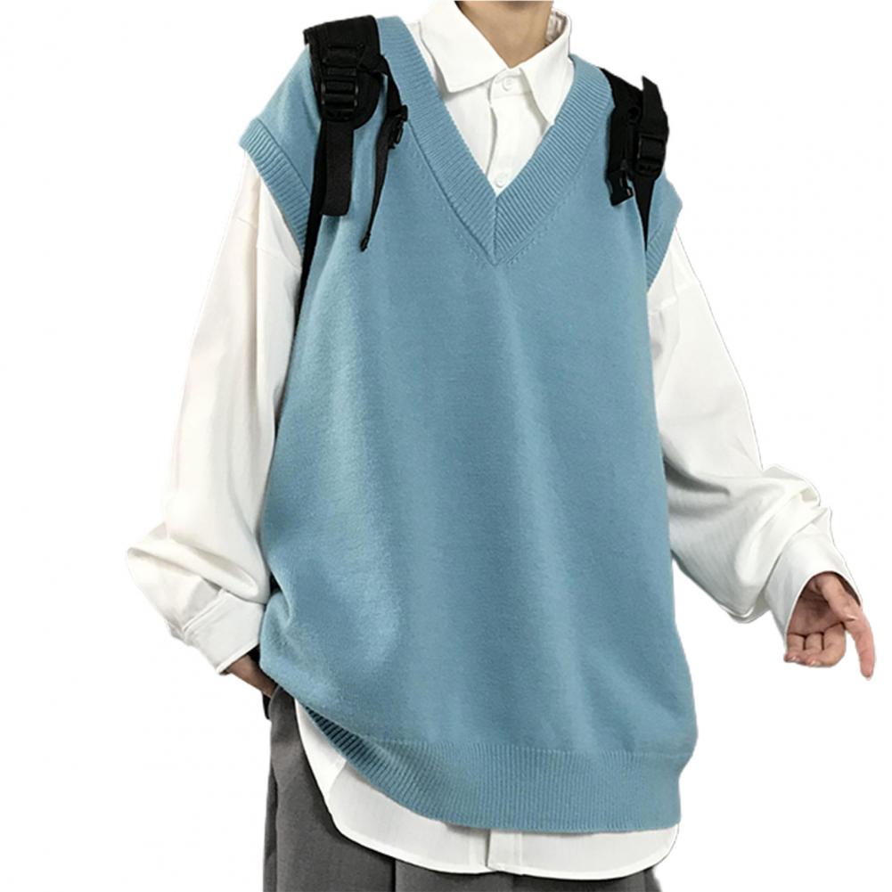 Men Sweater Vest V Neck Solid Color Sleeveless All Match Spring Sweater for School Male Pullovers Men's Clothing Streetwear