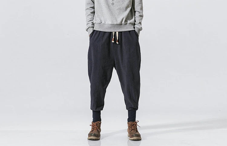 Riolio Cotton Linen Harem Pants Men Solid Elastic Waist Streetwear Joggers New Baggy Drop-crotch Pants Casual Trousers Men