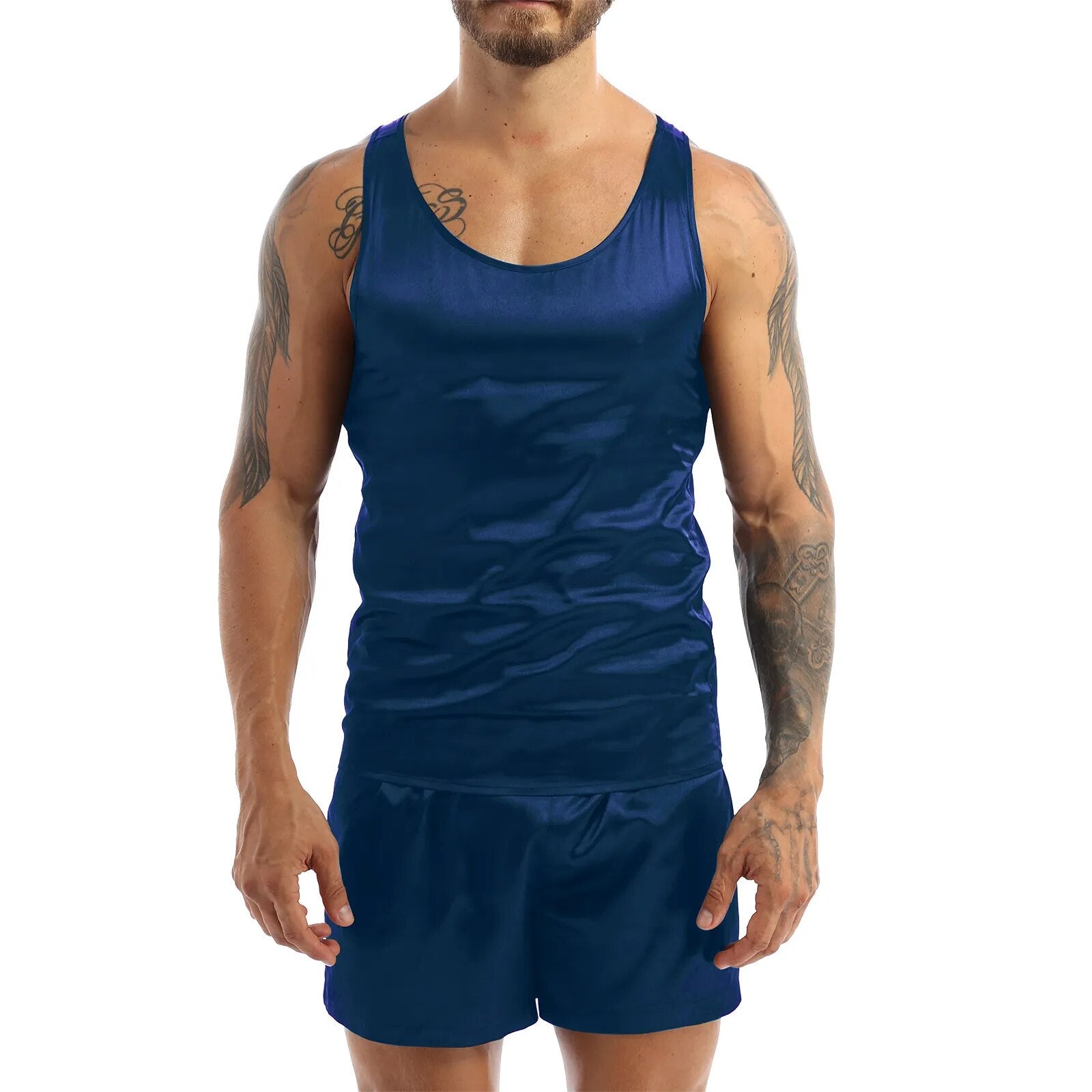 Riolio Men Satin Pajamas Pyjamas Set Sleepwear Pijama Summer Homewear Sleeveless Tops Shorts Suit Two Piece Set Men Sleepwear