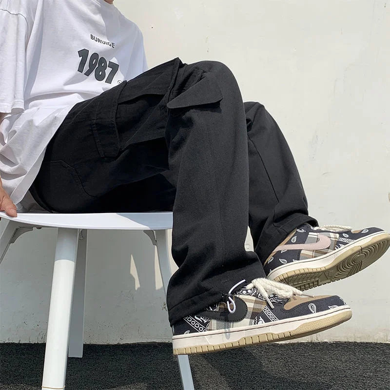 Riolio Black/white Cargo Pants Men Fashion Loose Straight Wide Leg Pants Men Streetwear Hip-hop Pocket Casual Pants Mens Trousers