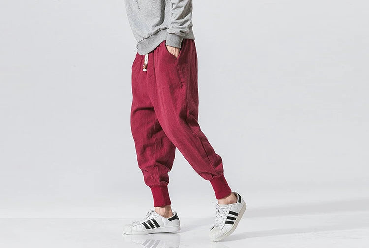 Riolio Cotton Linen Harem Pants Men Solid Elastic Waist Streetwear Joggers New Baggy Drop-crotch Pants Casual Trousers Men