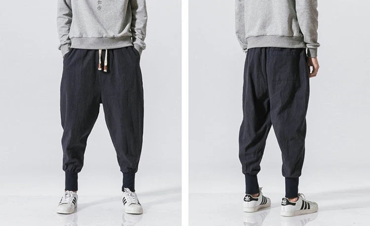 Riolio Cotton Linen Harem Pants Men Solid Elastic Waist Streetwear Joggers New Baggy Drop-crotch Pants Casual Trousers Men