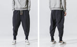 Riolio Cotton Linen Harem Pants Men Solid Elastic Waist Streetwear Joggers New Baggy Drop-crotch Pants Casual Trousers Men