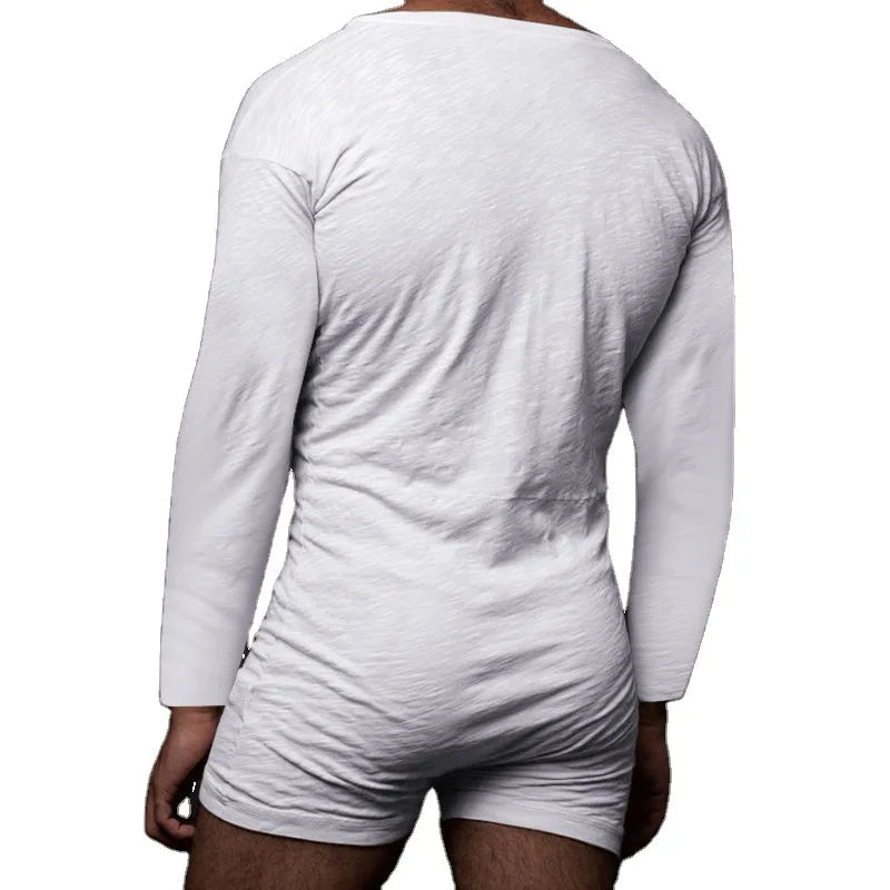 Riolio Men's One Piece Pajamas Solid Color Bodysuit Spring New Flirting Homewear Long Sleeve Shorts Sexy Bottoming Shirt 2025 New