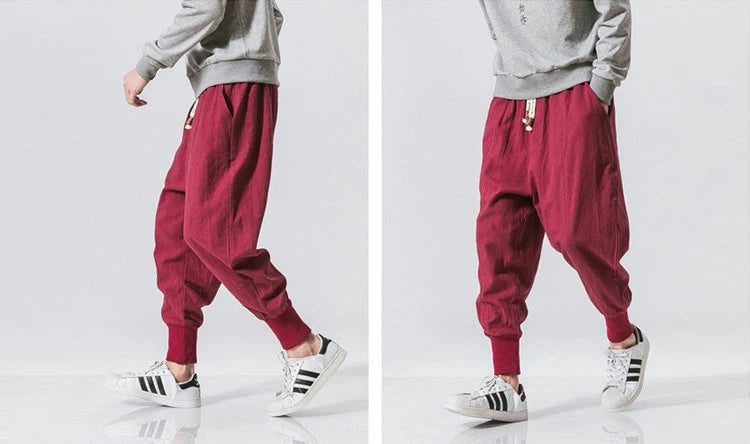 Riolio Cotton Linen Harem Pants Men Solid Elastic Waist Streetwear Joggers New Baggy Drop-crotch Pants Casual Trousers Men