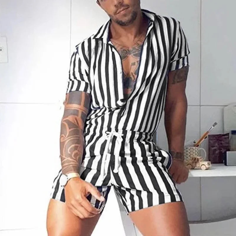 Riolio Men's Striped Romper Shorts Fashion Casual Playsuit Short Sleeve Button-down Shorts Lapel Jumpsuit Drawstring Streetwear S-3XL