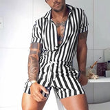 Riolio Men's Striped Romper Shorts Fashion Casual Playsuit Short Sleeve Button-down Shorts Lapel Jumpsuit Drawstring Streetwear S-3XL