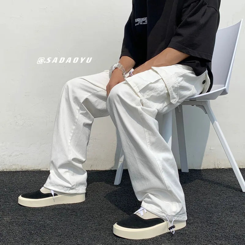 Riolio Black/white Cargo Pants Men Fashion Loose Straight Wide Leg Pants Men Streetwear Hip-hop Pocket Casual Pants Mens Trousers