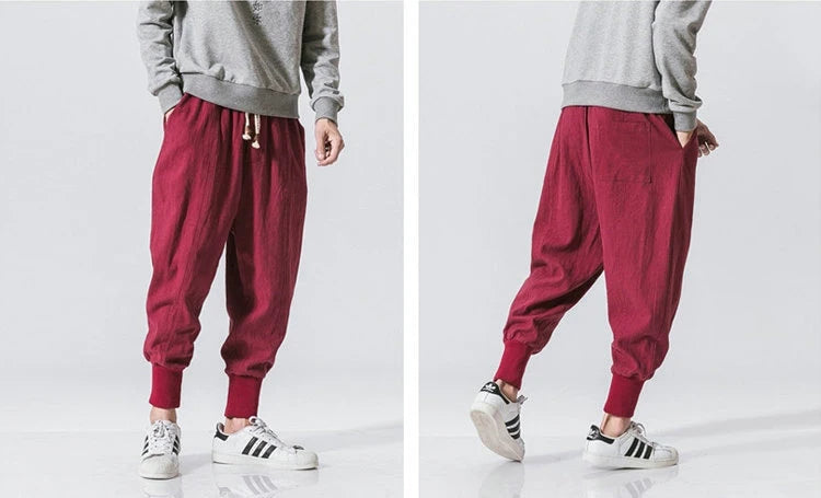 Riolio Cotton Linen Harem Pants Men Solid Elastic Waist Streetwear Joggers New Baggy Drop-crotch Pants Casual Trousers Men