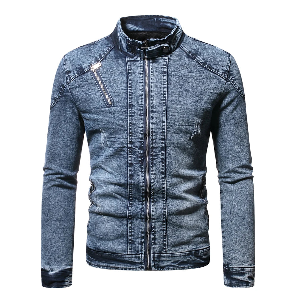 Riolio Fashion Spring Casual Jacket Mens Velvet Streetwear Denim Jacket  Stand Collar Jean Jackets Male Slim Fit Coat Outerwear