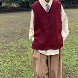 Riolio Men's Vintage Style Wine Red Color Knitted Loose Cardigan Casual Sweater Vest Fashion Trend Korean Black Students Coats