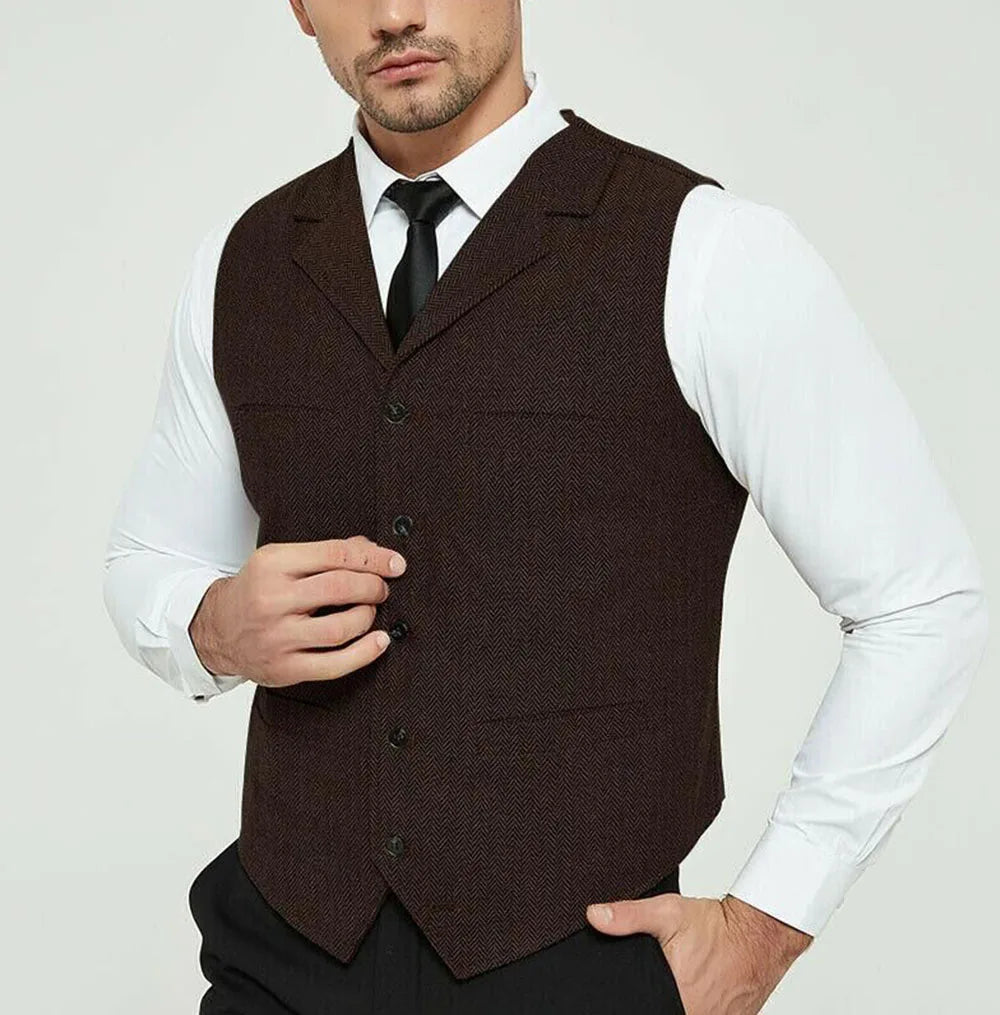 Riolio Men's Grey Herringbone Wool Tweed Slim Fit Leisure Cotton Suit Burgundy Vest Gentleman Business Waistcoat For Wedding