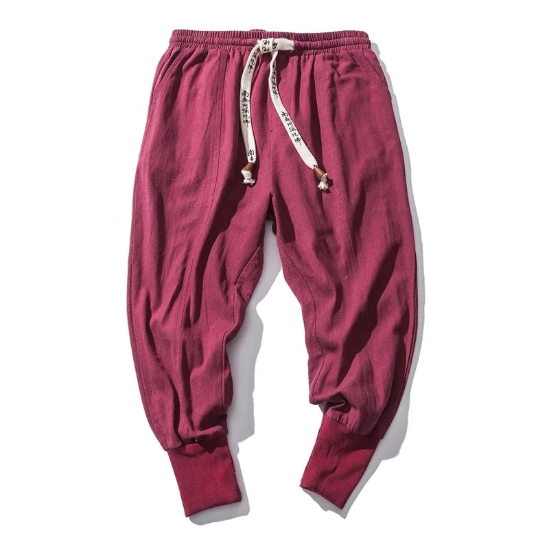 Riolio Cotton Linen Harem Pants Men Solid Elastic Waist Streetwear Joggers New Baggy Drop-crotch Pants Casual Trousers Men