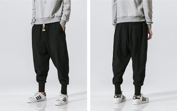 Riolio Cotton Linen Harem Pants Men Solid Elastic Waist Streetwear Joggers New Baggy Drop-crotch Pants Casual Trousers Men