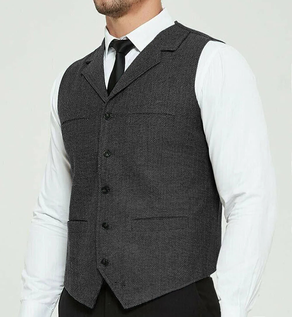 Riolio Men's Grey Herringbone Wool Tweed Slim Fit Leisure Cotton Suit Burgundy Vest Gentleman Business Waistcoat For Wedding