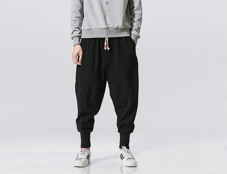 Riolio Cotton Linen Harem Pants Men Solid Elastic Waist Streetwear Joggers New Baggy Drop-crotch Pants Casual Trousers Men